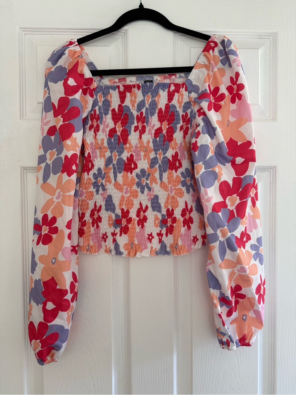 SHEIN Floral Smocked Square-Neck Crop Top - Red, Peach & Lavender